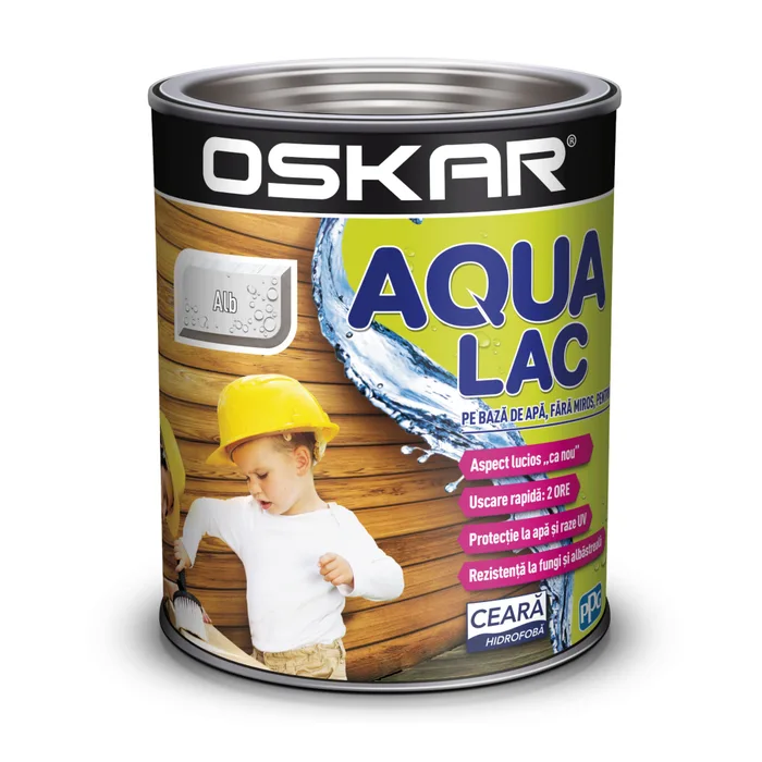 Lac pentru lemn, alb, Oskar Aqua Lac, pe bază de apă, interior/exterior, 0.75 L