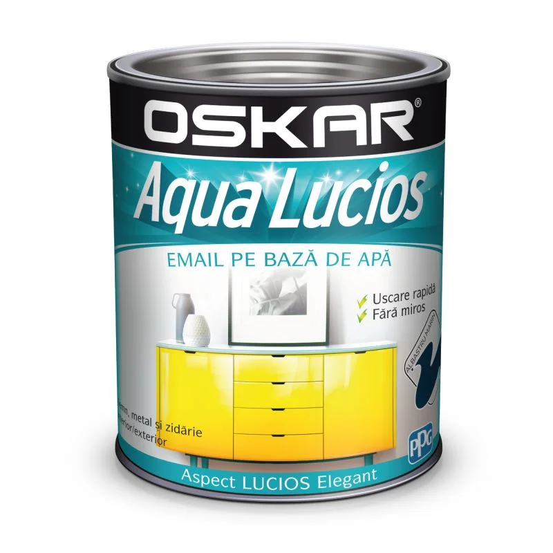 Vopsea email pentru lemn/ metal, Oskar Aqua Lucios, pe bază de apă, interior/ exterior, albastru marin, 0.6 L
