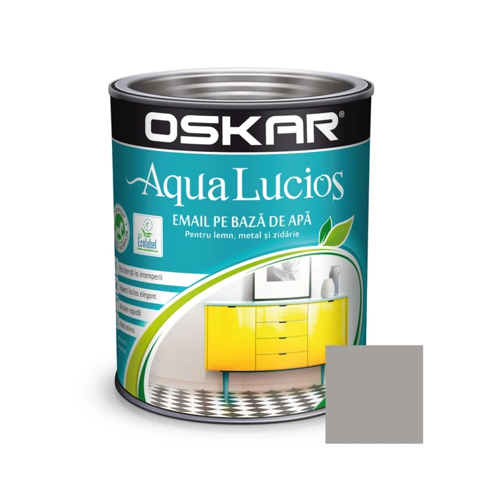 Vopsea email pentru lemn/ metal, Oskar Aqua Lucios, pe bază de apă, interior/ exterior, gri nordic, 0.6 L