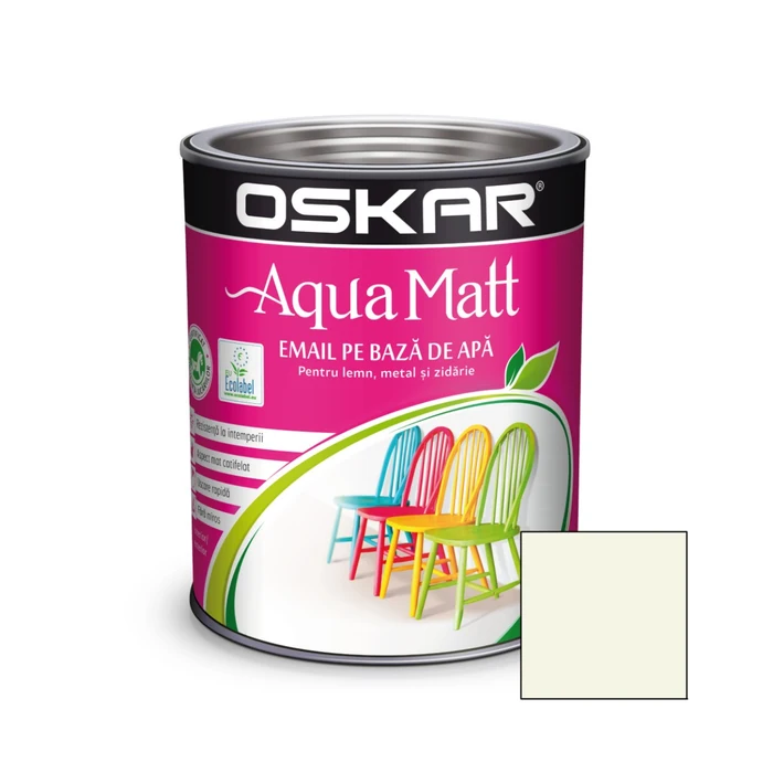 Vopsea pentru lemn/ metal, Oskar Aqua Matt, interior/ exterior, pe bază de apă, alb murdar vintage, 0.6 L