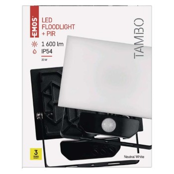  Proiector LED, 20W, 230V, 4000K, IP54, senzor de miscare, lumina neutra, Emos TAMBO