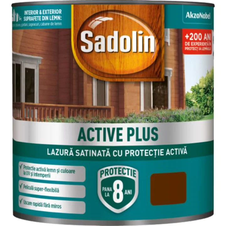 Lac pentru lemn, Sadoline Activ Plus, pe bază de apă, interior/exterior, nuc, 2.5 L