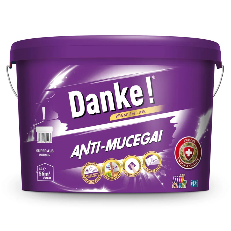 Vopsea lavabilă anti-mucegai, Danke Premium Line, albă, interior, baie și bucătărie, 4L