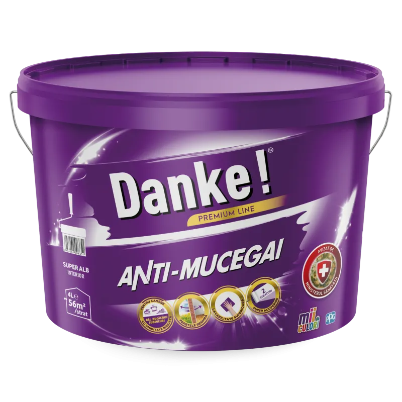 Vopsea lavabilă anti-mucegai, Danke Premium Line, albă, interior, baie și bucătărie, 4L