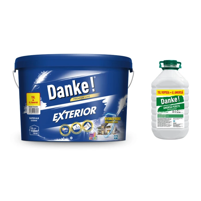 Vopsea lavabilă exterior, alb, Danke 15L + amorsă 4L