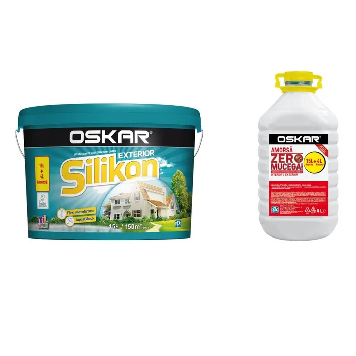 Vopsea lavabilă exterior, Oskar Silikon, alb, 15L + amorsă 4L