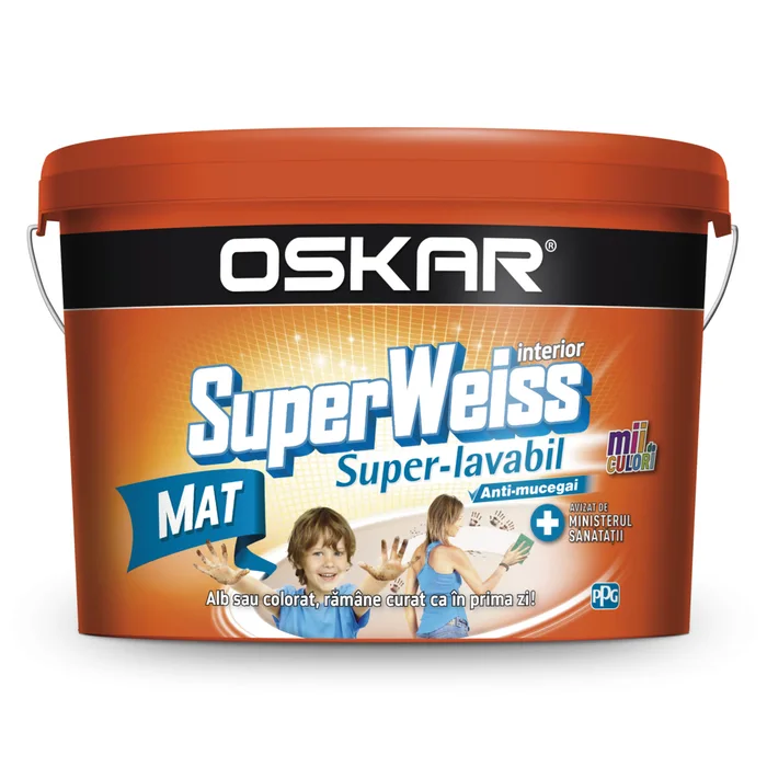 Vopsea superlavabilă interior, Oskar Superweiss, alb, mat, 8.5 L